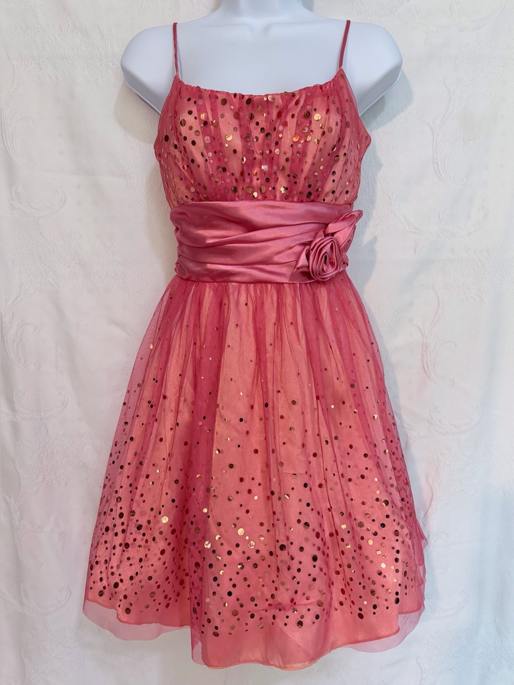 B Darlin Pink Sequin Tulle Dress with Satin Sash D0048